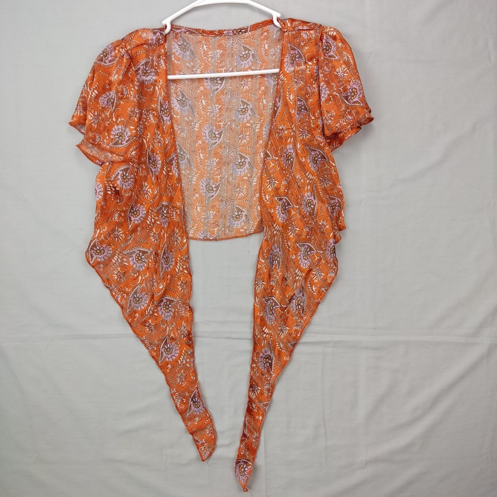 SHEIN Shrug Womens Small Orange‎ Paisley Tie Front Sheer Boho Metallic Stripe